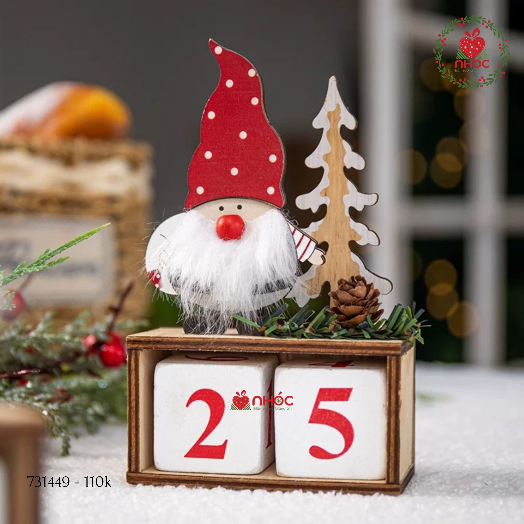 Bộ tượng noel lịch gỗ ông già râu dài - Đỏ - 11001
