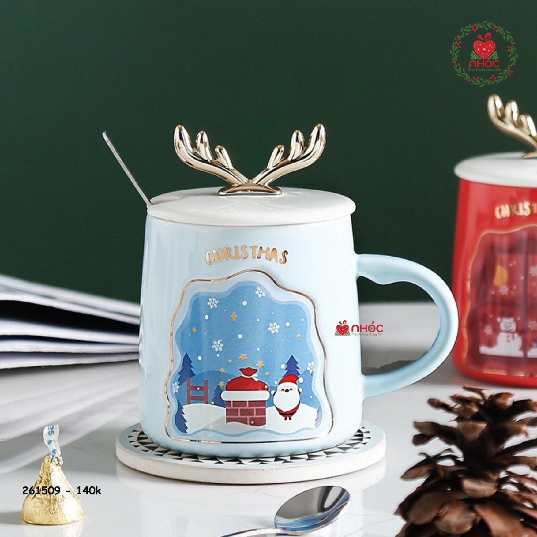 Ly sứ Noel nắp tuần lộc - Ông già - Xanh dương - 14001