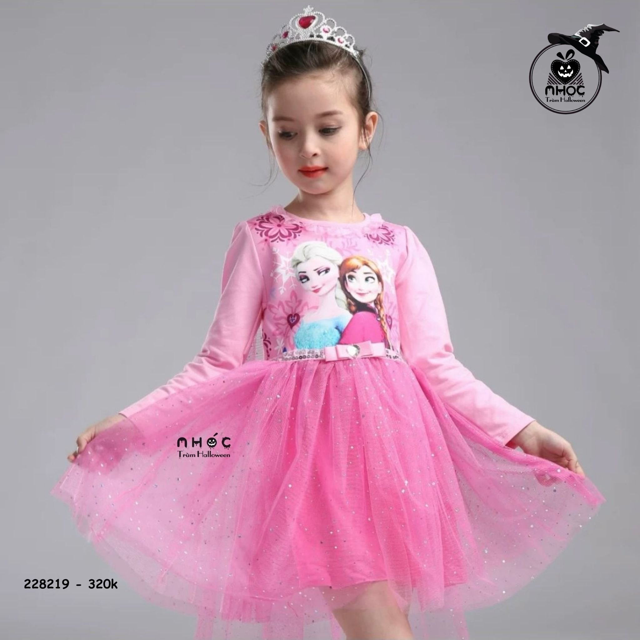 Đầm halloween công chúa Elsa vải thun lưới kim sa combo khăn choàng - Hồng - Size S - 320