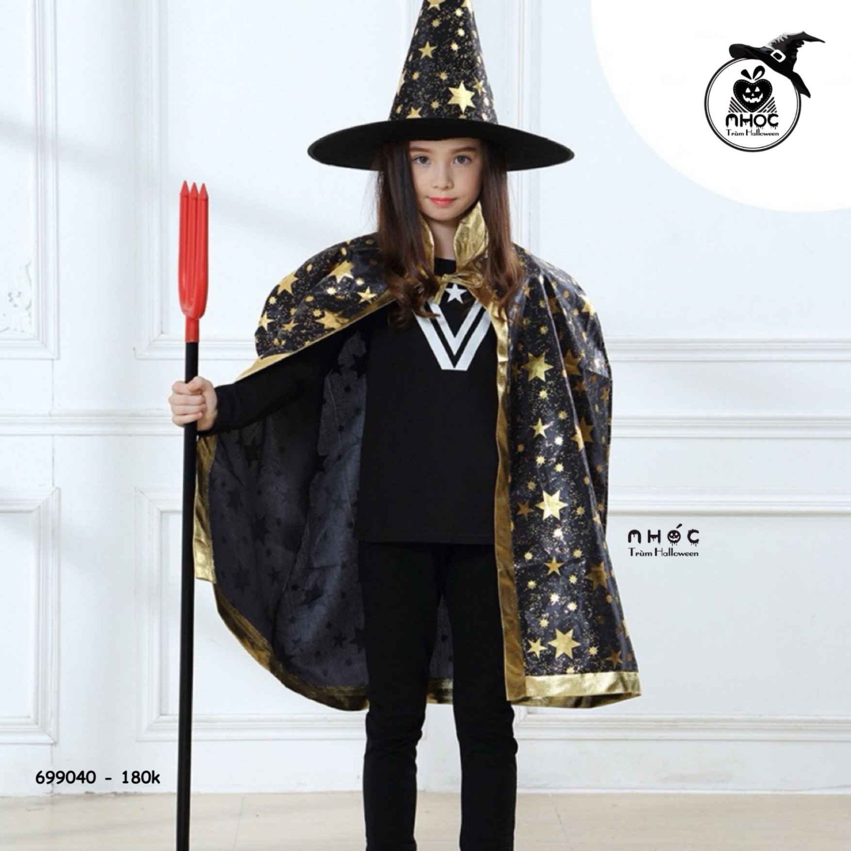 Áo choàng Halloween nhũ in sao combo nón - Đen - 80180