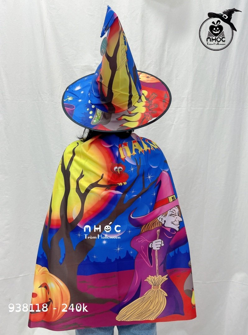 Áo choàng Halloween in 3D combo nón - Ma phù thuỷ tím - 24001