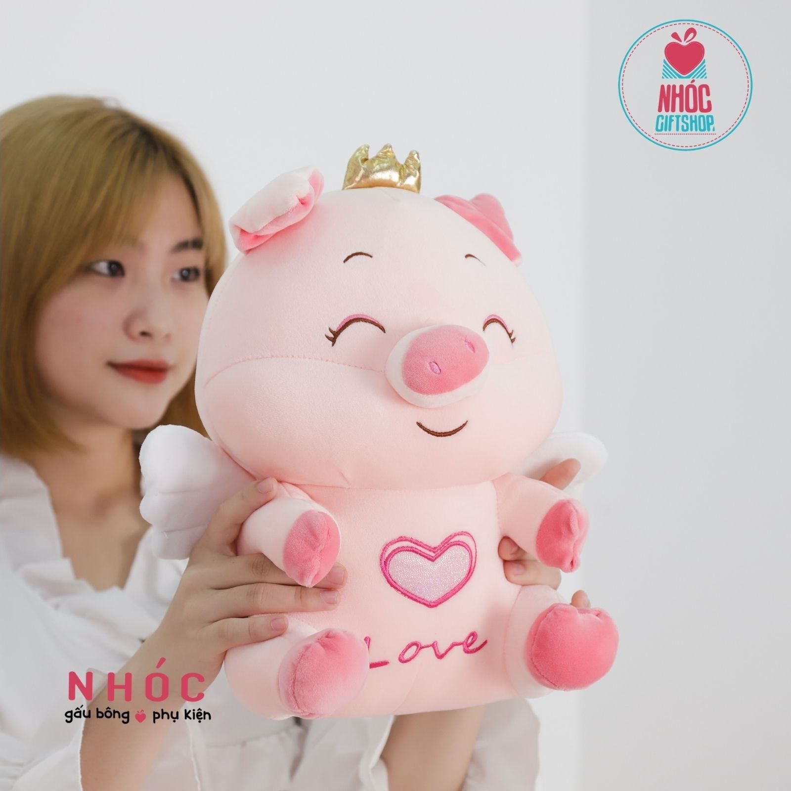 Thú bông heo bụng tim kim tuyến có cánh lông mịn ngồi TC - Hồng - 60480