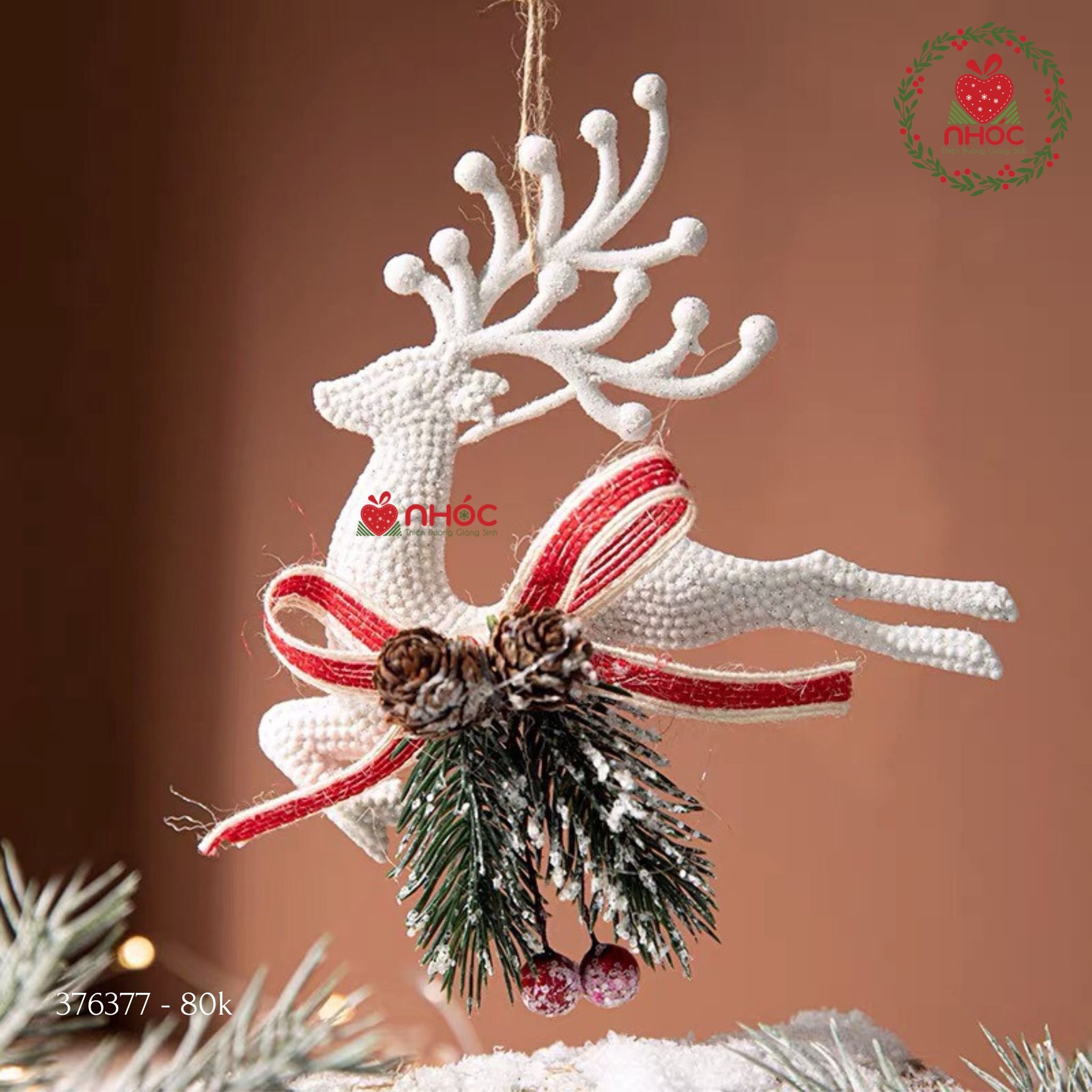 Phụ kiện trang trí noel treo Tuần lộc kim tuyến thông nơ - Trắng - 8001