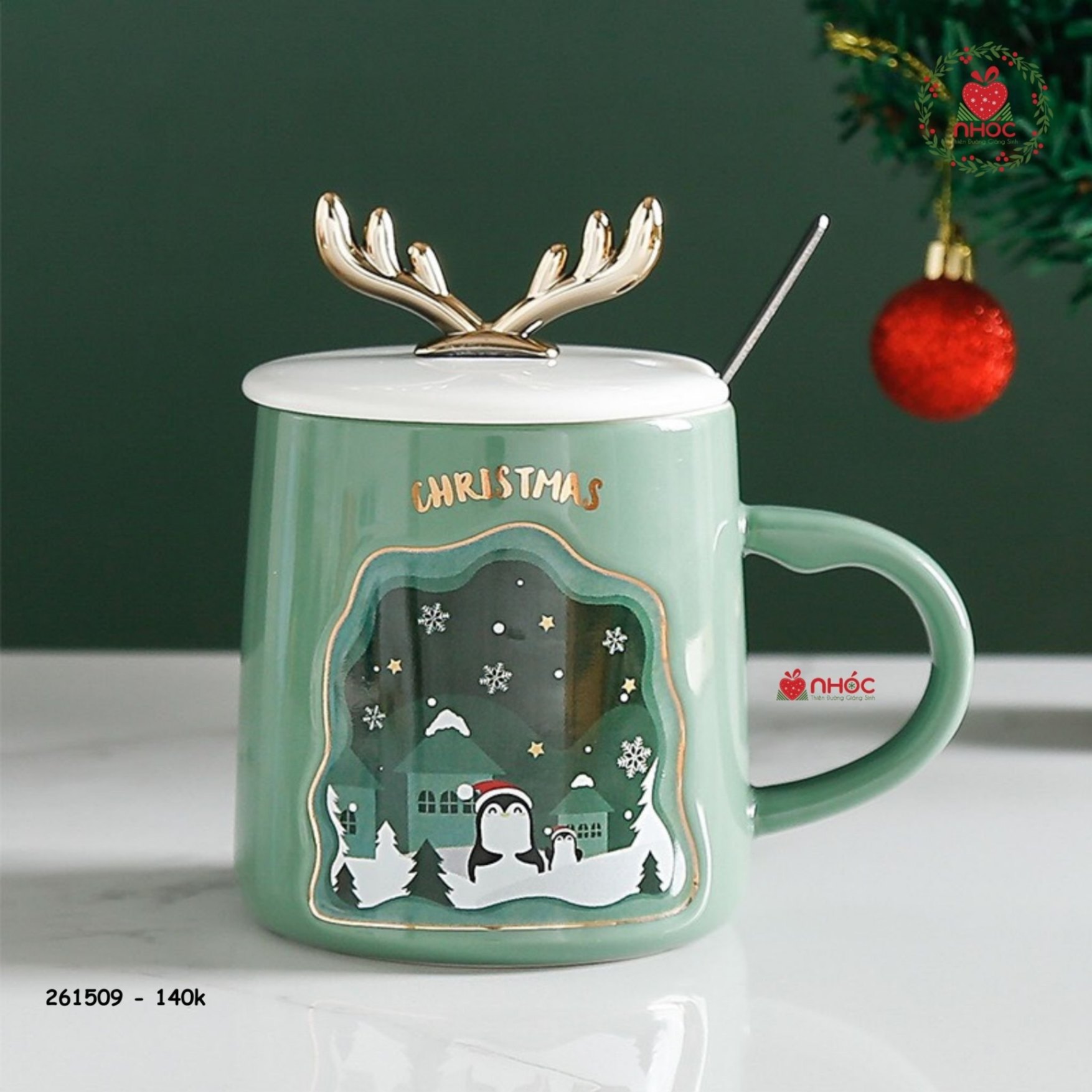 Ly sứ Noel nắp tuần lộc - Chim cánh cụt - Xanh lá - 14001