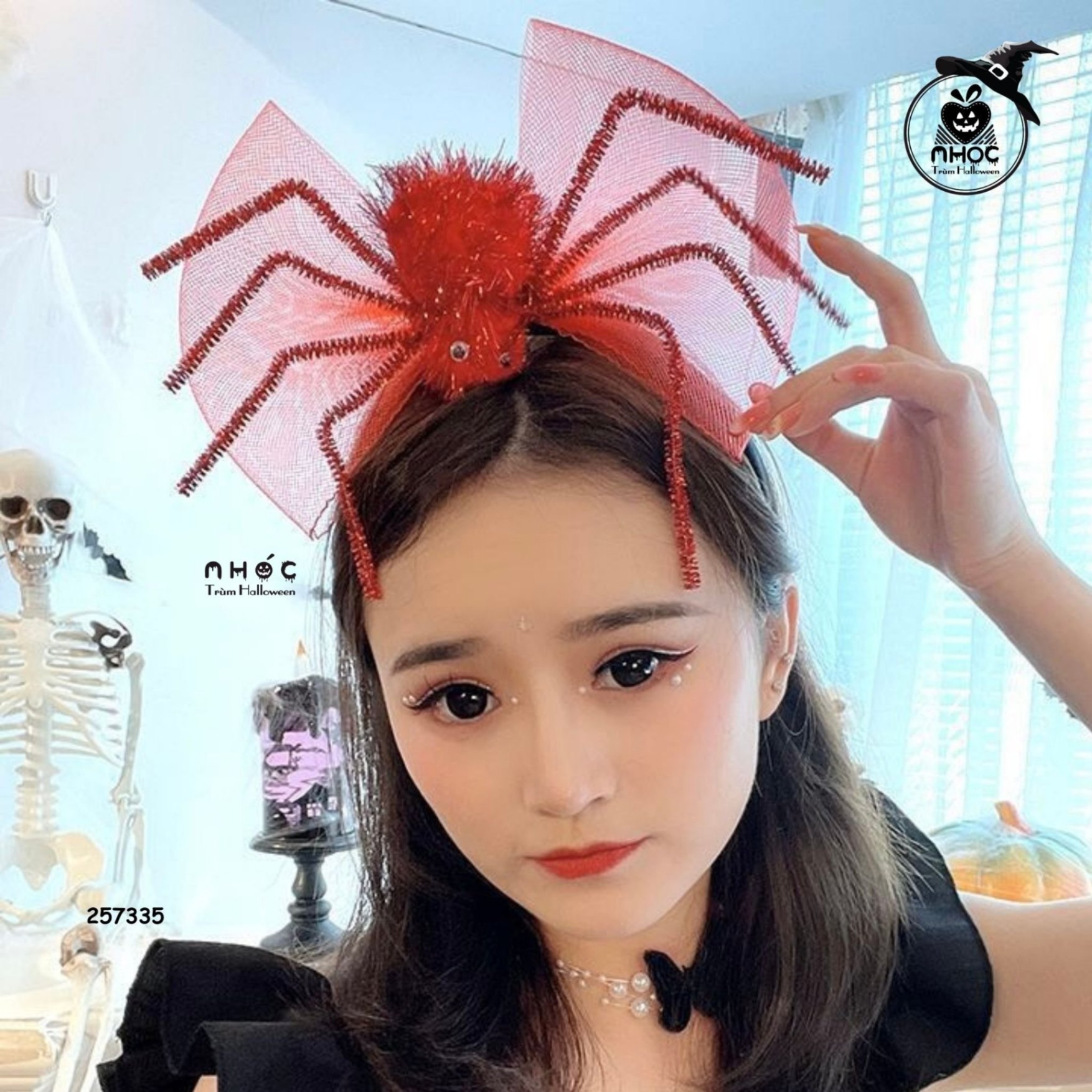 Cài tóc Halloween nơ lưới nhện - Đỏ - 6001