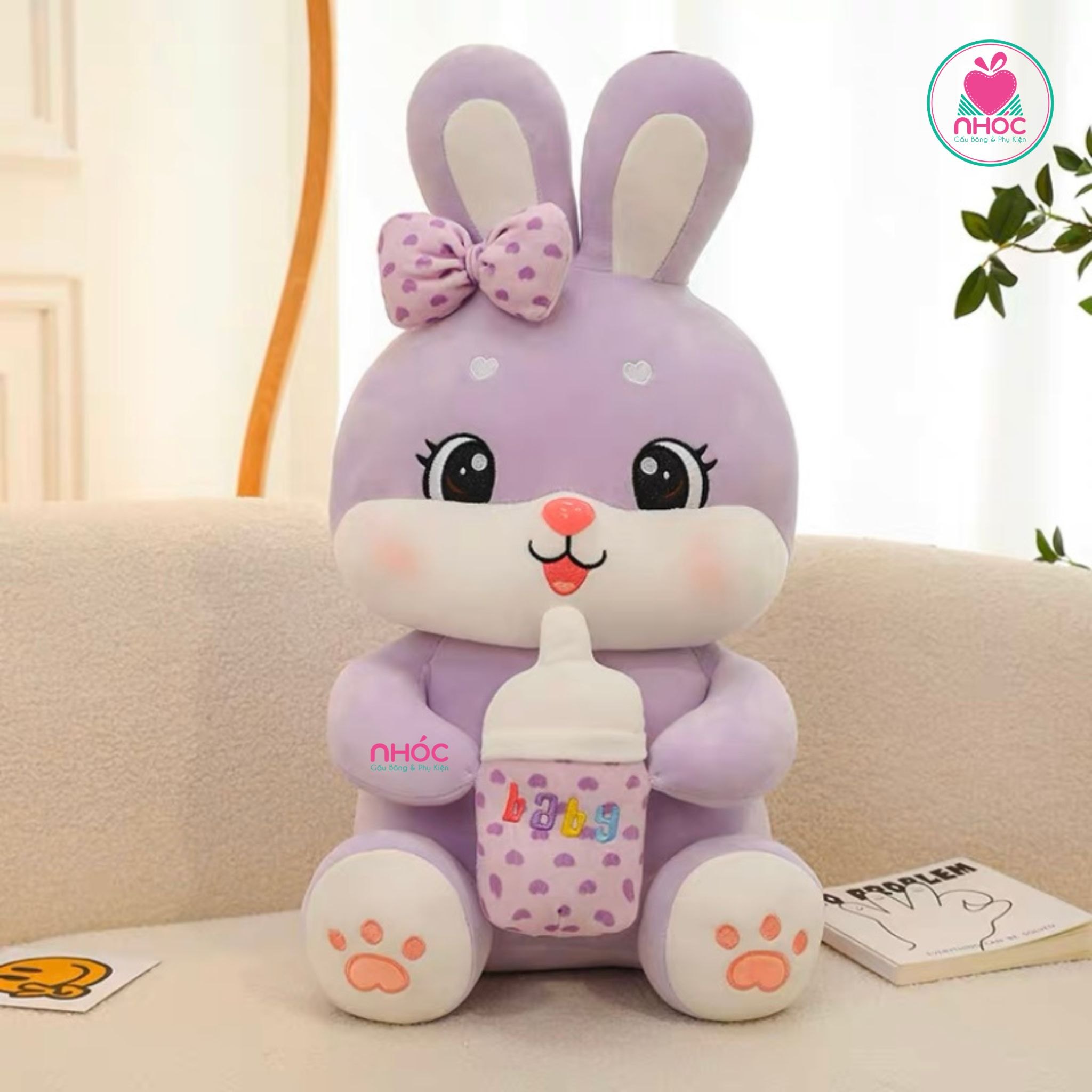 Thú bông Thỏ ôm bình sữa lông mịn ngồi - Tím - 65510
