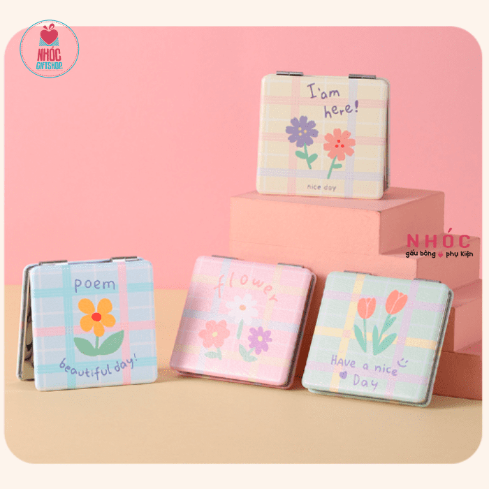 Gương mini cầm tay vuông thêu hoa - Xanh dương - 5001