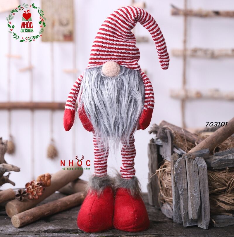 Thú bông ông già noel đứng đội nón sọc chân rút - 24001 - Đỏ