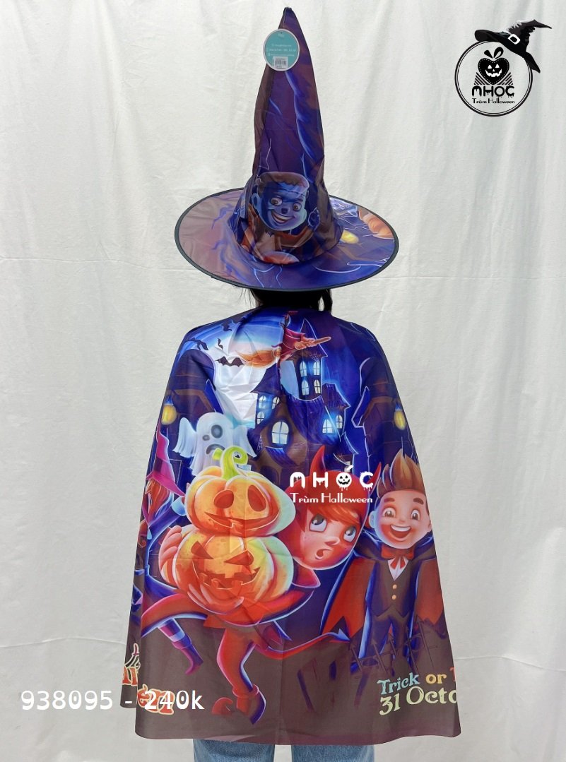 Áo choàng Halloween in 3D combo nón - Ma phù thuỷ bí cam - 24001