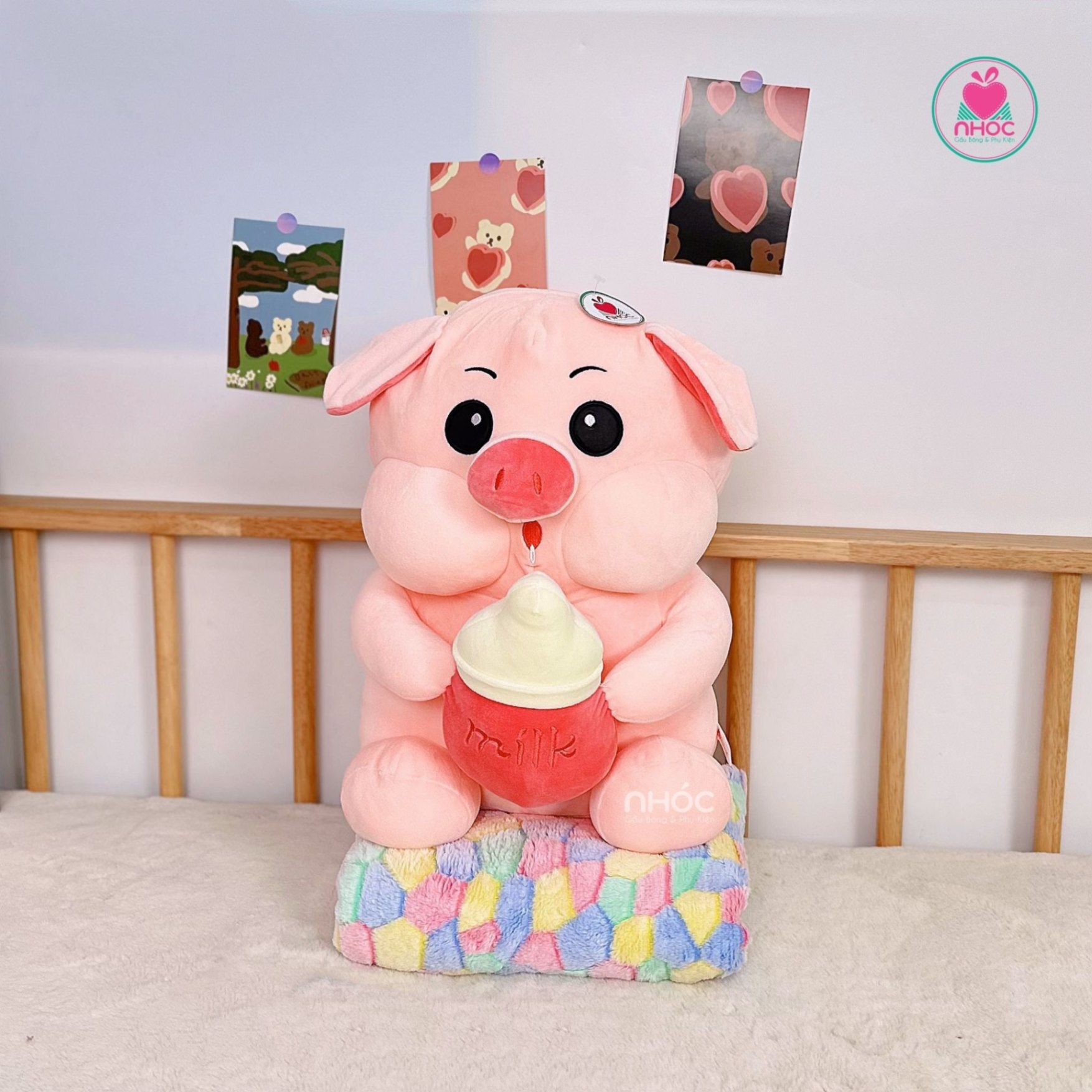 Gối mền Heo ôm bình sữa lông mịn TC - Hồng - 35360