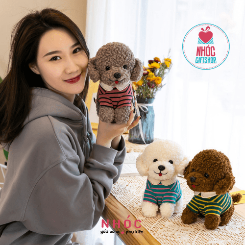 Thú bông chó Poodle mặc áo sọc lông xù