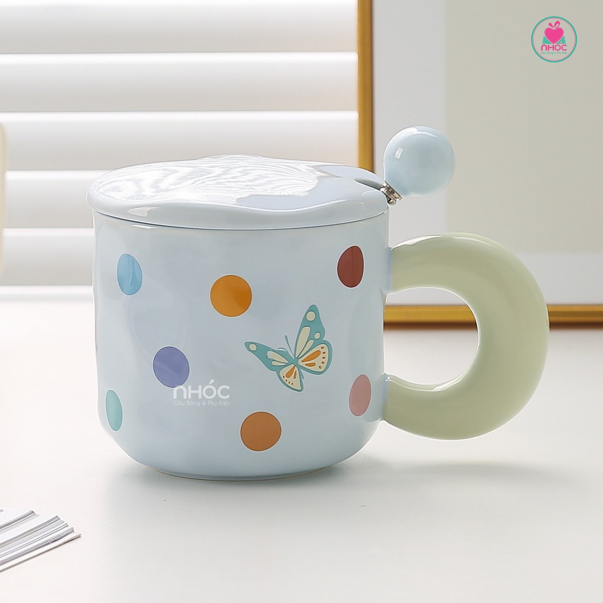 Ly sứ in bướm chấm bi - Xanh dương - 14001