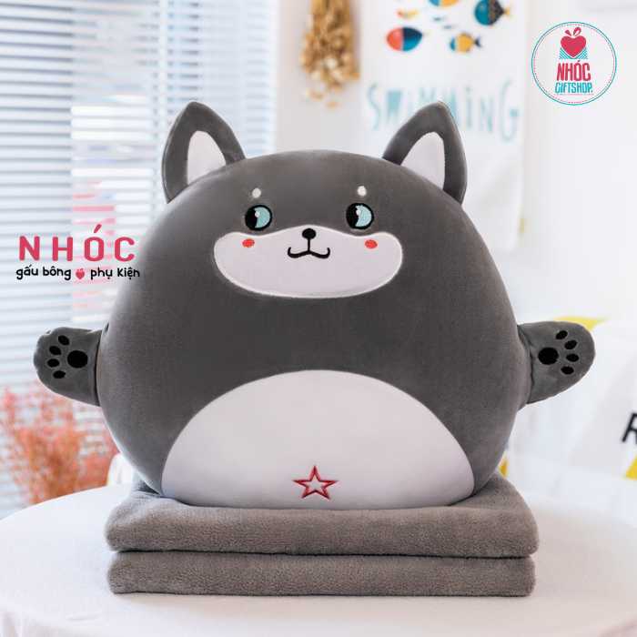 Gối mền thú xỏ tay lông mịn - Chó Husky Xám - 45360