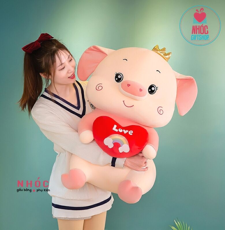 Thú bông Heo ôm tim in love lông mịn ngồi - Hồng đào - 65520