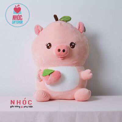Thú bông heo ôm trái đào lông mịn ngồi - Hồng - 60420
