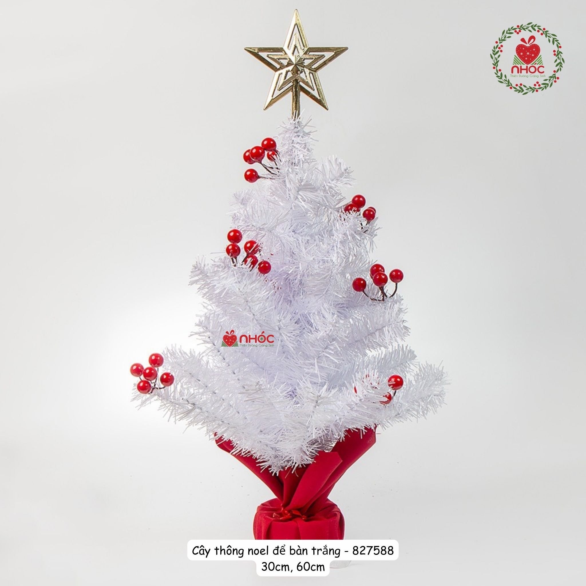 Cây thông noel để bàn 2 loại lá trái thông trùm trái đỏ - Trắng - 60240
