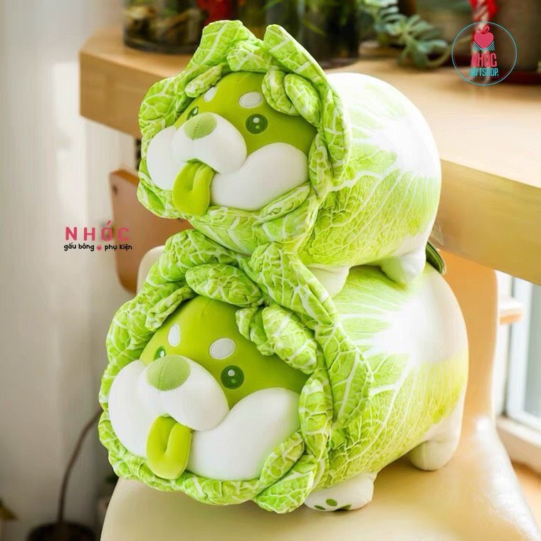 Thú bông chó shiba bắp cải lông mịn đứng TC - Trắng xanh - 50380