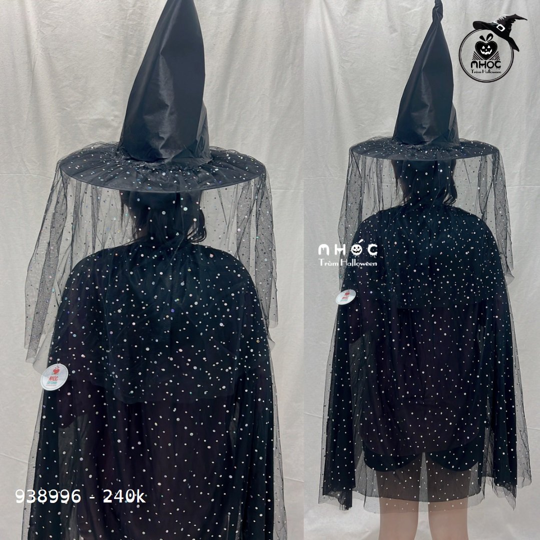 Áo choàng halloween phù thủy in sao váy lưới combo nón - Đen - 24001