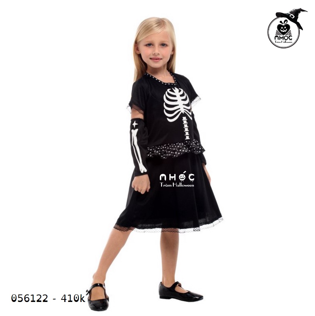 Đầm halloween in xương vải thun combo bao tay - Đen - Size M -115410