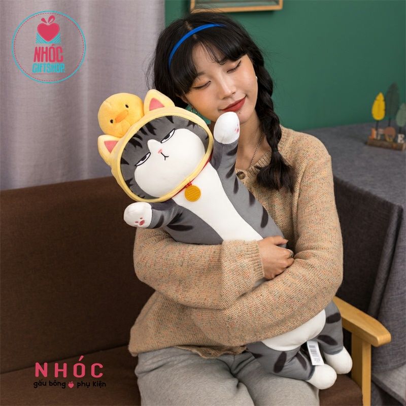 Gối ôm Mèo hoàng thượng đội nón vịt lông mịn - Xám đen - 70340