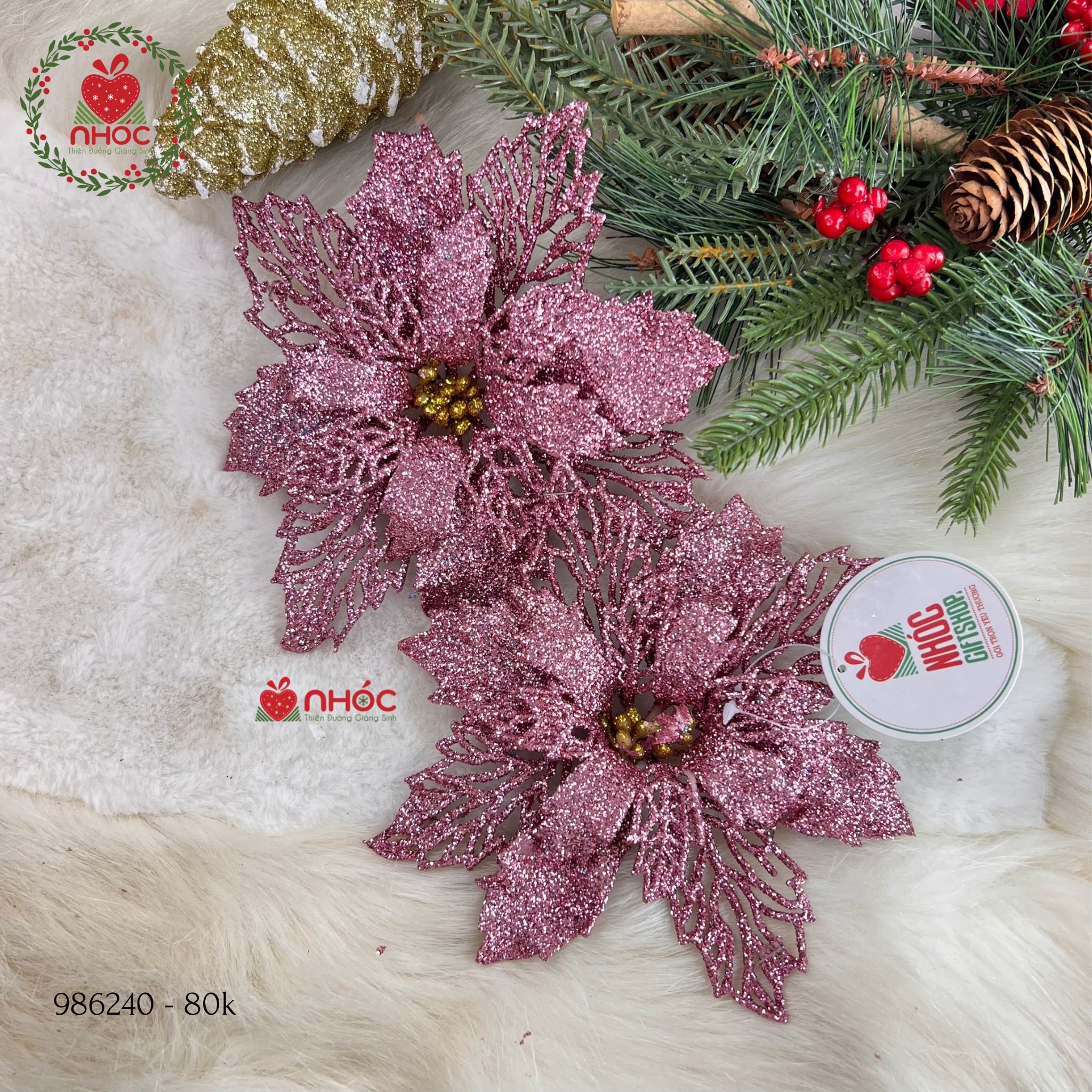 Phụ kiện trang trí Noel Hoa trạng nguyên kim tuyến 2 lớp bộ 2 - Hồng - 8001