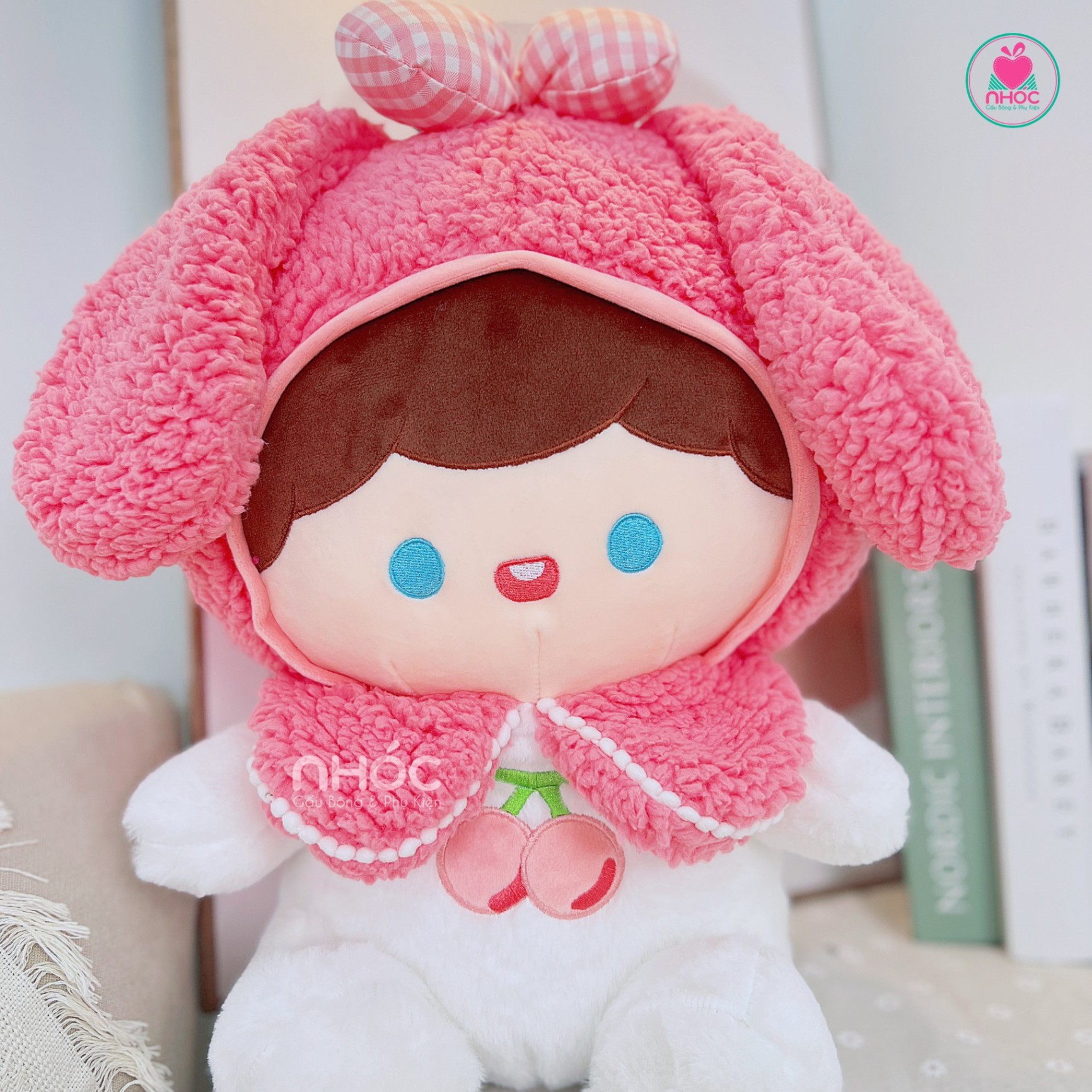 Thú bông Búp bê đội nón thỏ Melody lông xù ngồi TC - Trắng Hồng - 35220