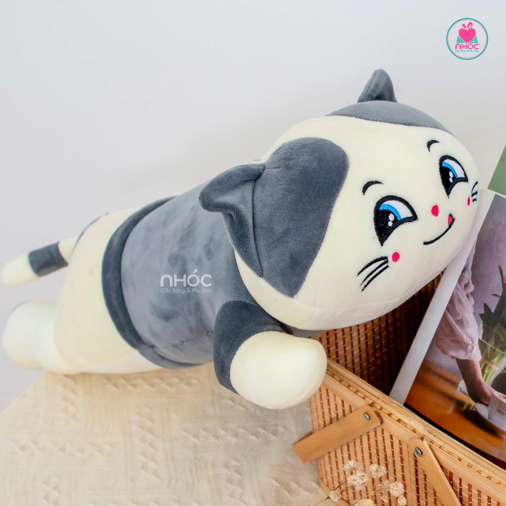Gối ôm Mèo Happy lông mịn nằm TC - Trắng đen - 75340