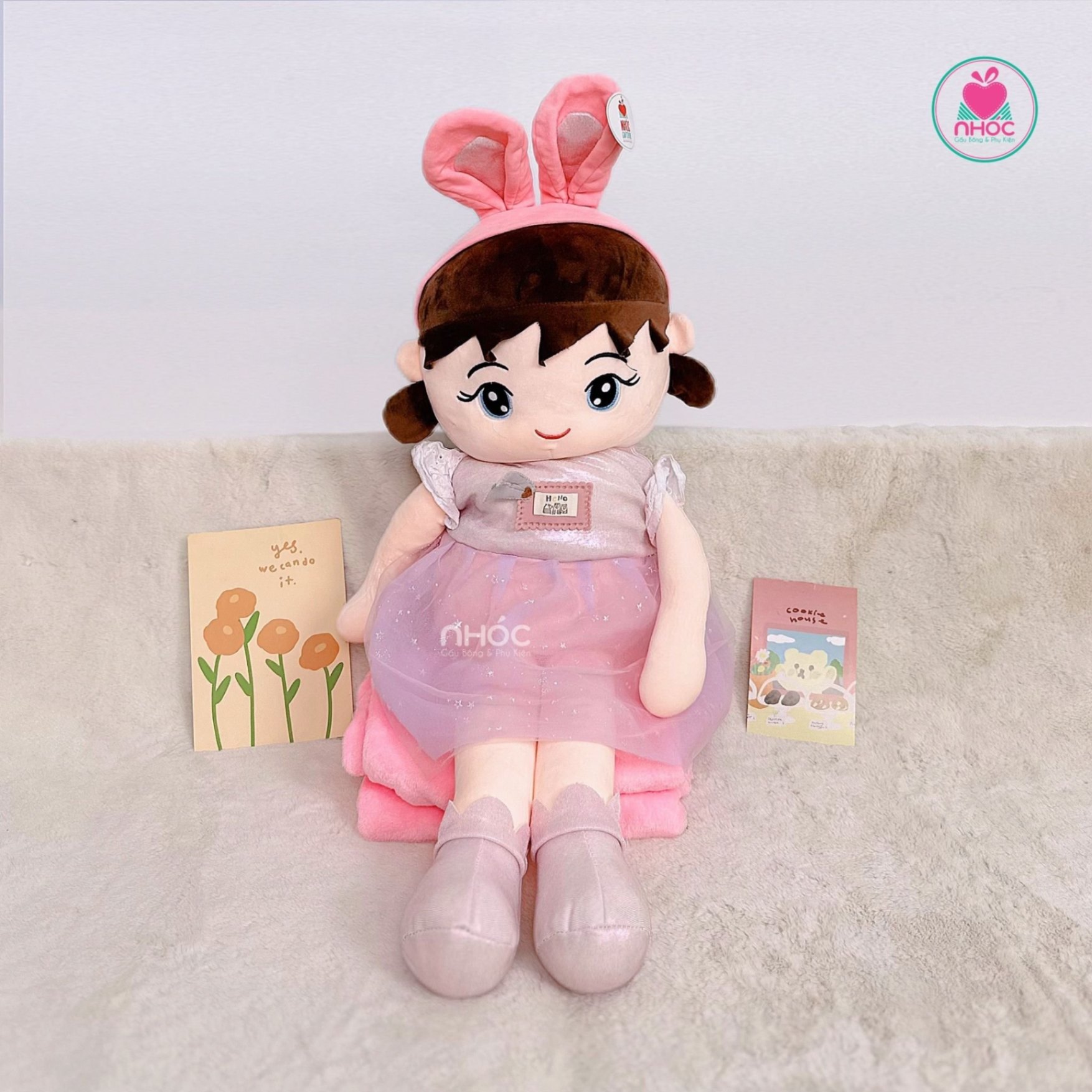 Gối mền Búp bê mặc đầm cài tai thỏ lông mịn - Tím - 65480