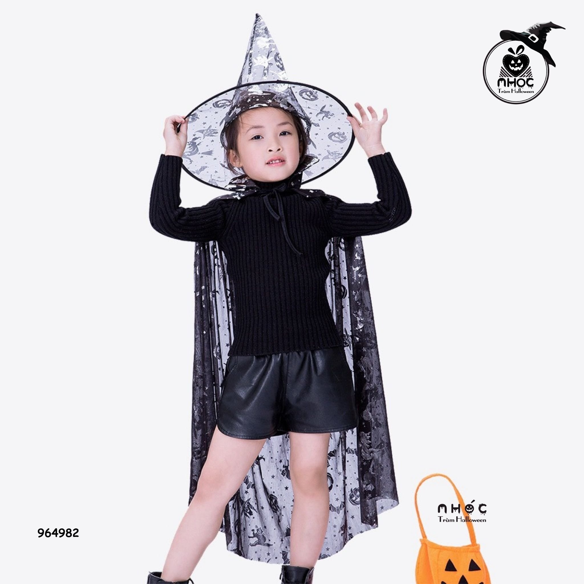 Áo choàng Halloween nhũ in bí dơi - Đen trắng - 8090