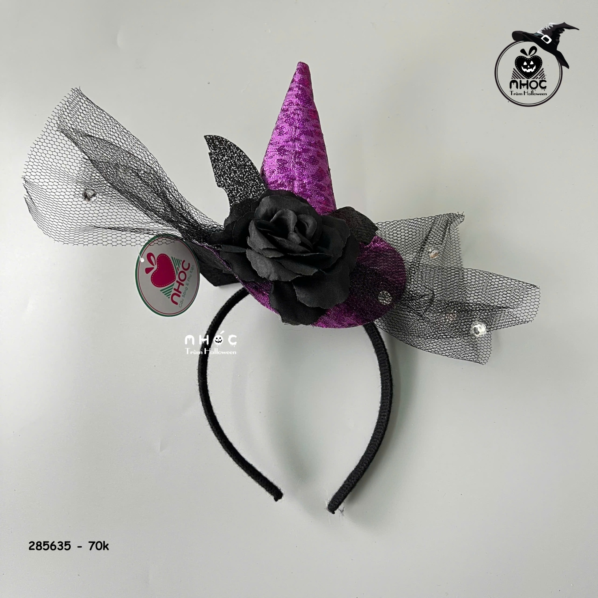 Cài tóc Halloween nón phù thuỷ hoa cánh dơi - Tím - 7001