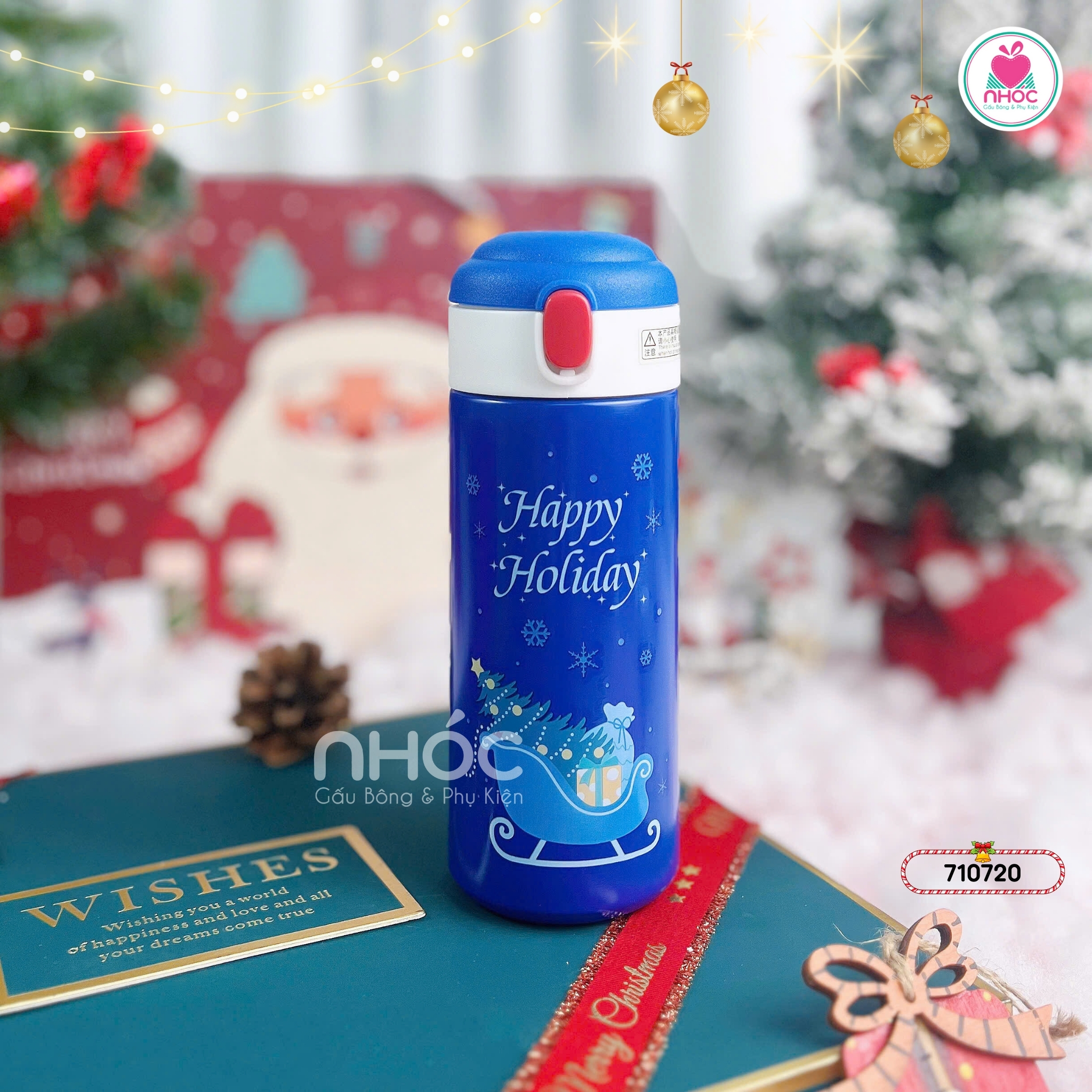 Bình giữ nhiệt Noel nắp bật đỏ - Cổ xe - Xanh navy - 18001