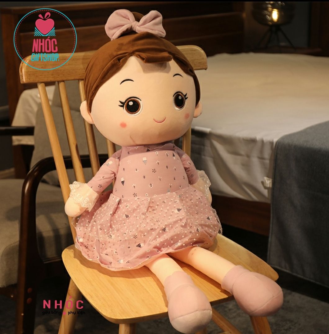 Búp bê bông mặc đầm búi tóc cột nơ lông mịn - Tím - 60240
