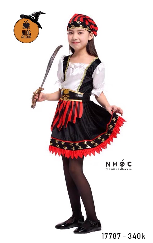 Đầm halloween cướp biển pretty pirate girl combo nón in đầu lâu vải sọc - Size L - 125340