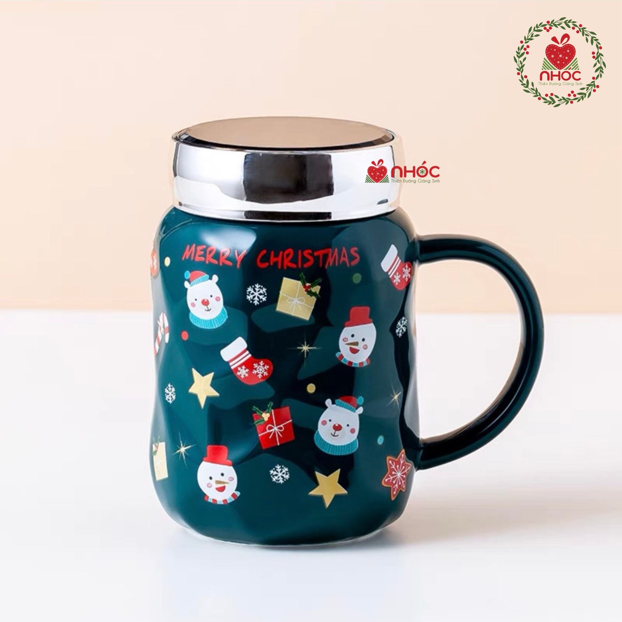 Ly sứ noel nắp kiếng - Xanh lá - 14023