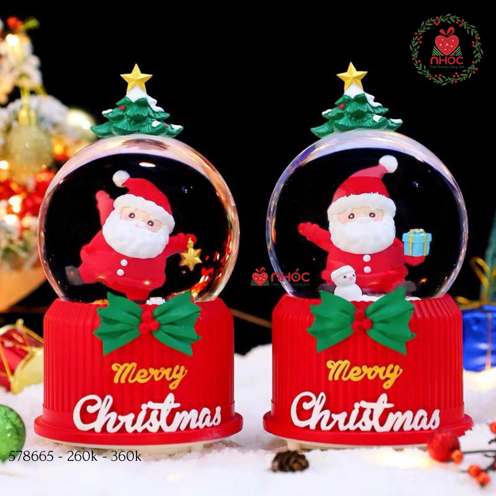 Cầu tuyết Noel đính cây thông nhạc đèn - Ổng già nghiêng- Đỏ - 26001