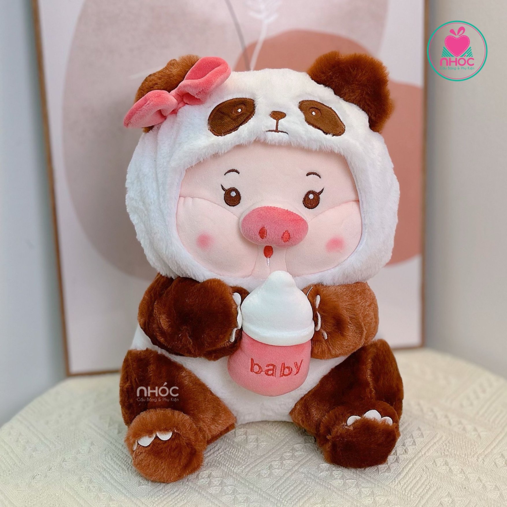 Thú bông Heo mặc áo Panda lông xù TC - Trắng nâu - 35260