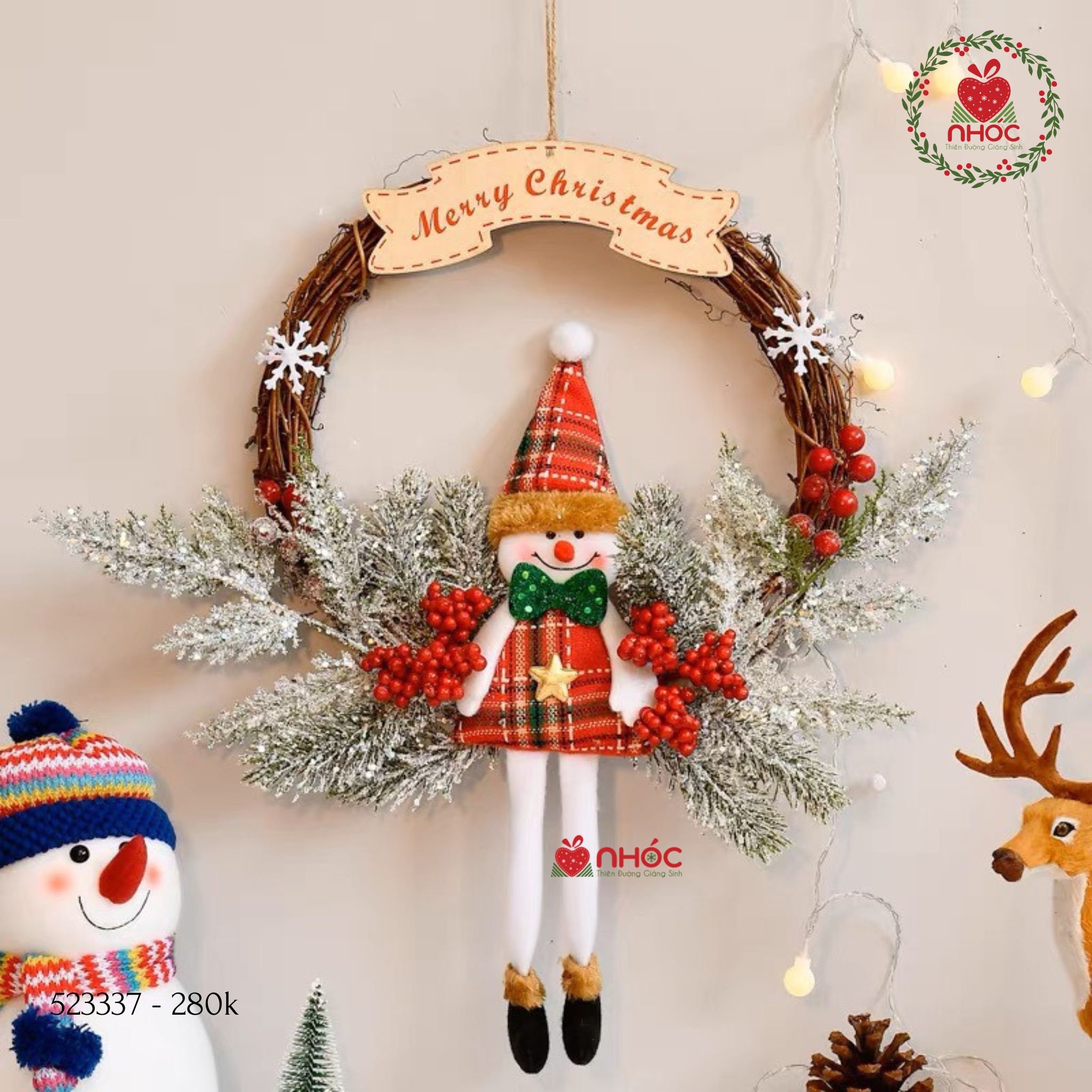 Vòng nguyệt quế cây khô Merry Christmas - Người tuyết - 40280