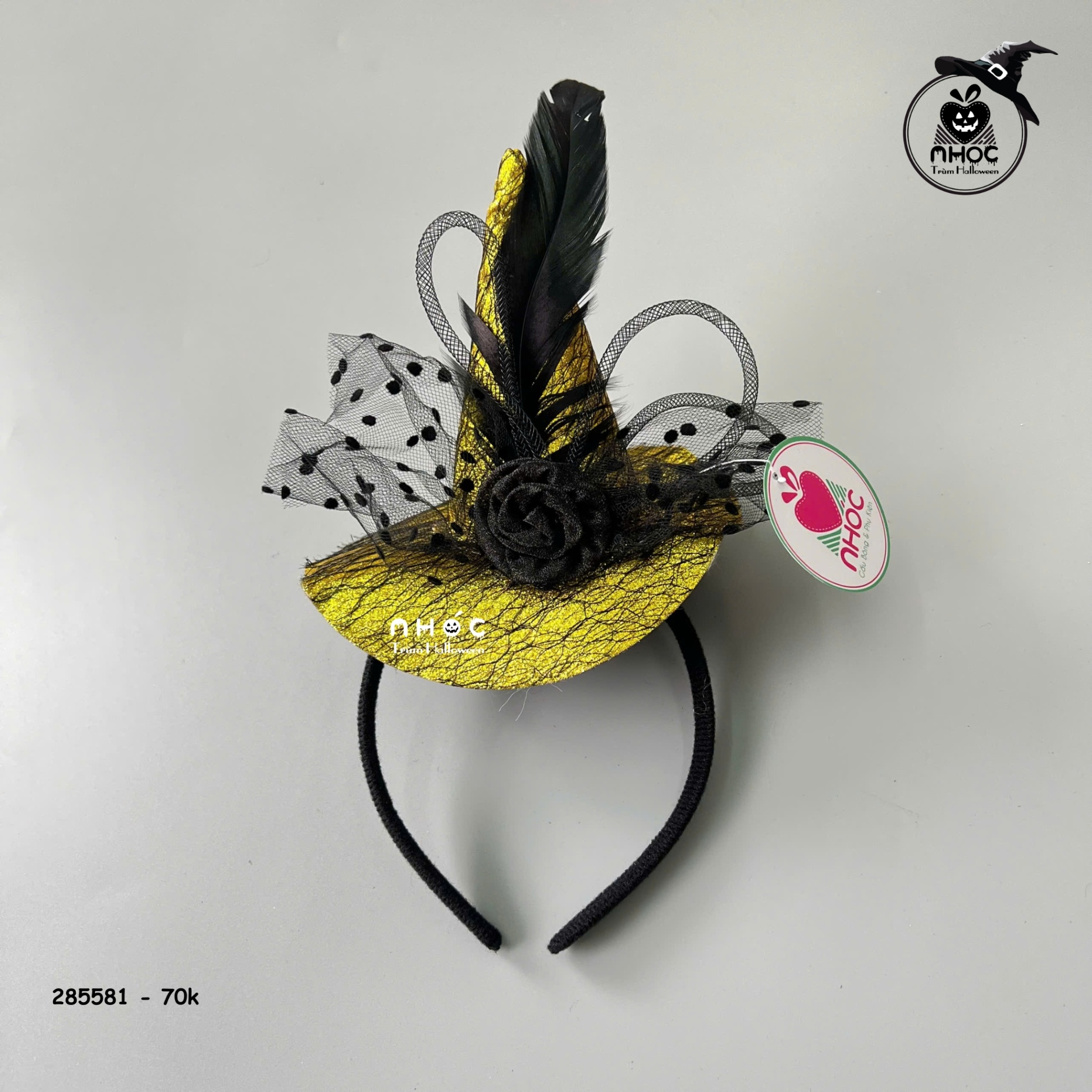 Cài tóc Halloween nón phù thuỷ lông vũ - Vàng - 7001