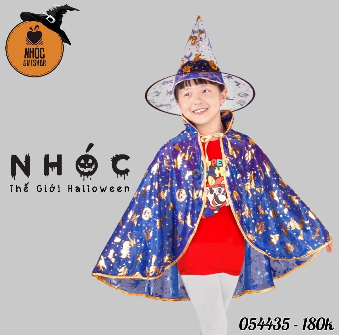 Aó choàng halloween nhũ in phù thủy bí dơi combo nón - Xanh da trời - 18001