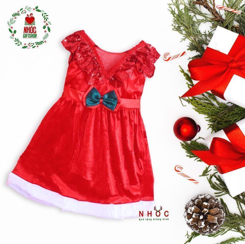 Đầm nhung Noel cổ V kim sa - Size 1 - 40180