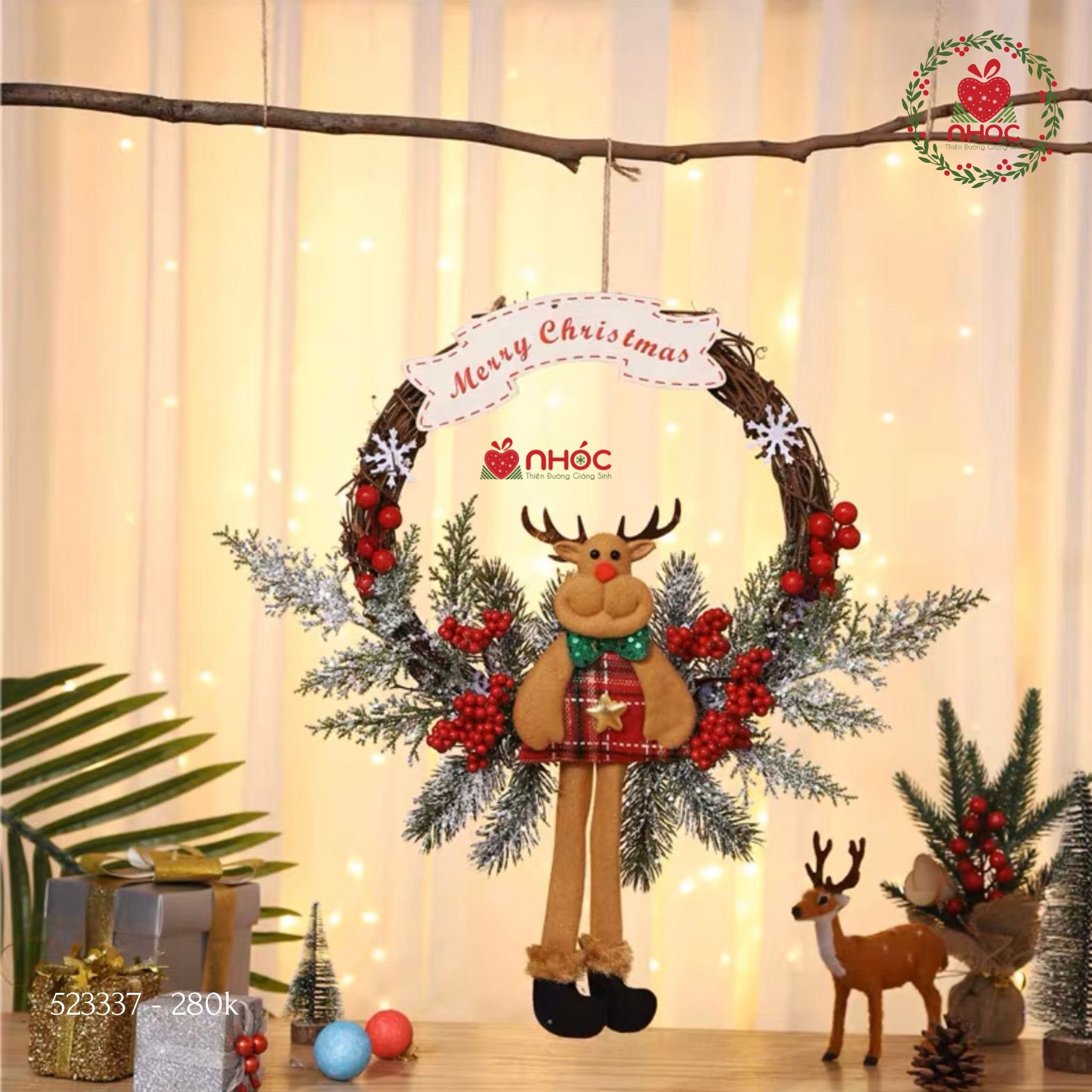 Vòng nguyệt quế cây khô Merry Christmas - Tuần lộc - 40280