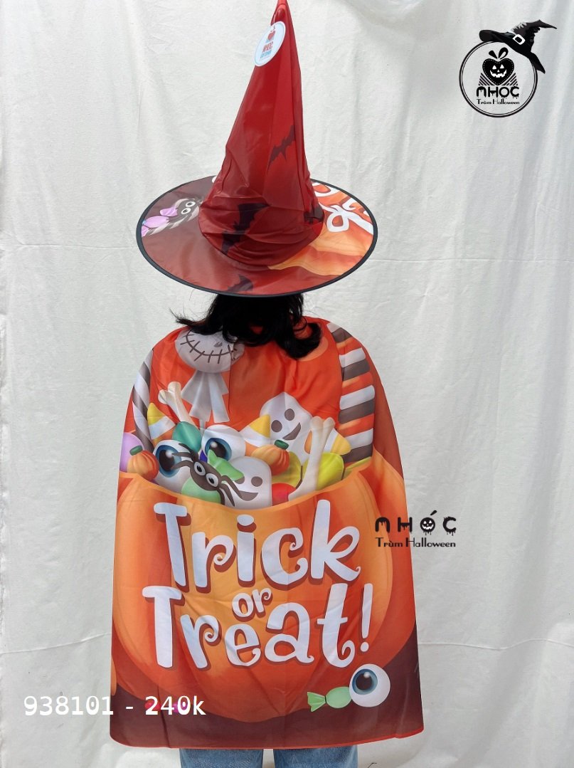 Áo choàng Halloween in 3D combo nón - Ma trơi cam - 24001