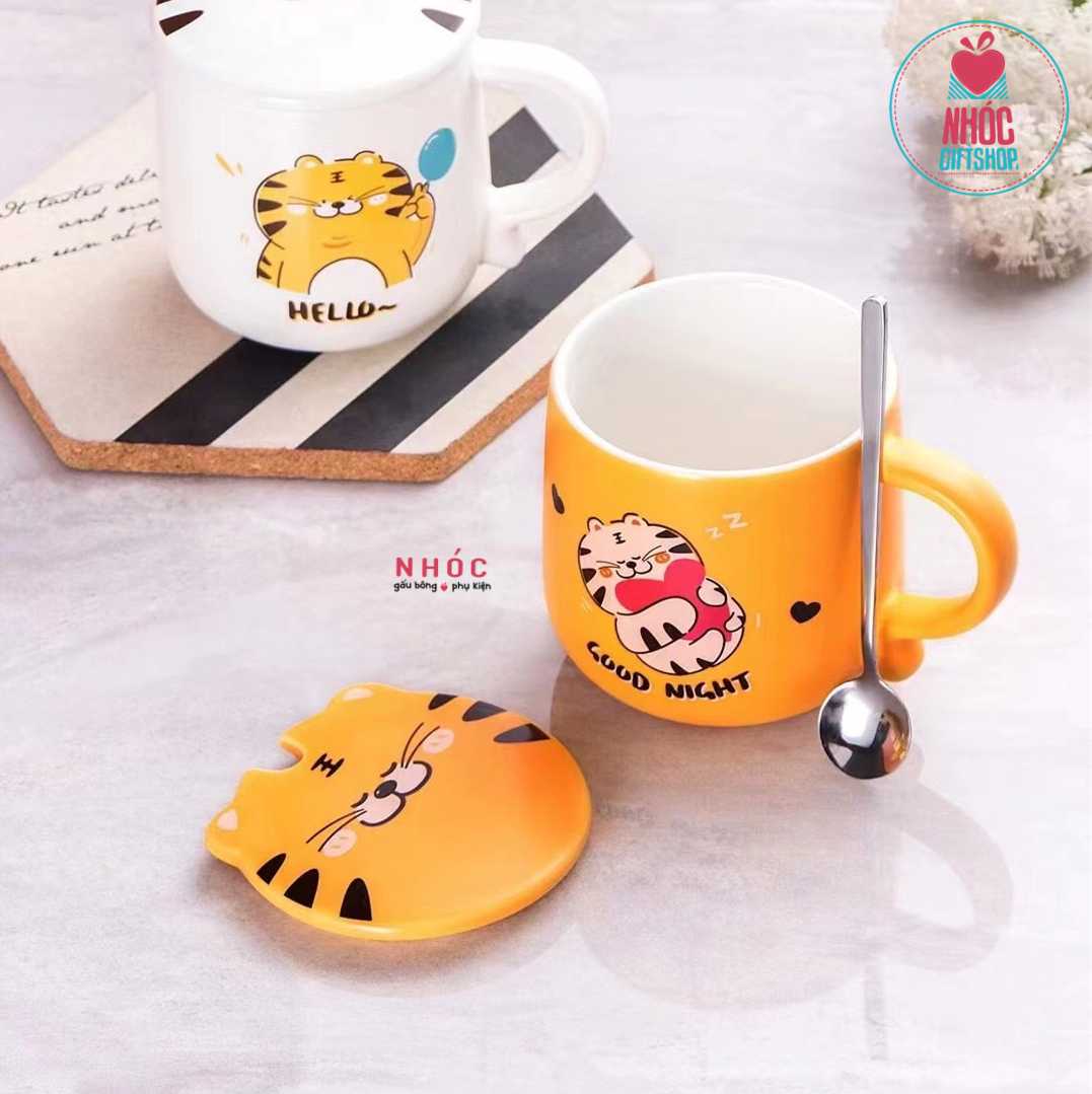 Ly sứ in Hổ cute nắp mặt hổ - Cam - 13001
