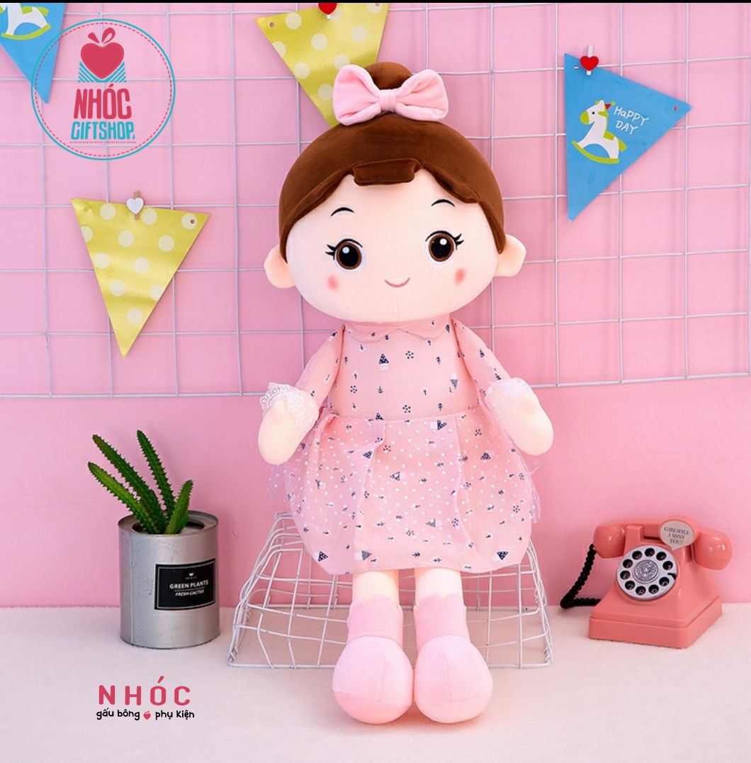Búp bê bông mặc đầm búi tóc cột nơ lông mịn - Hồng đào - 75340