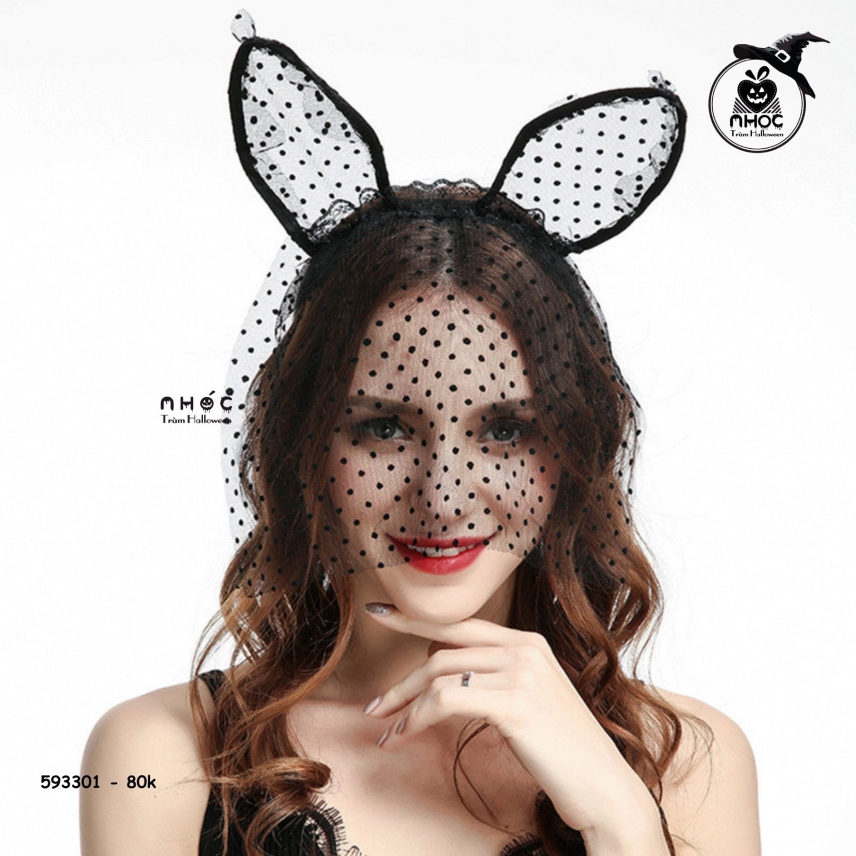 Cài tóc halloween tai thỏ ren chấm bi nhỏ trùm mặt - 8001 - Đen