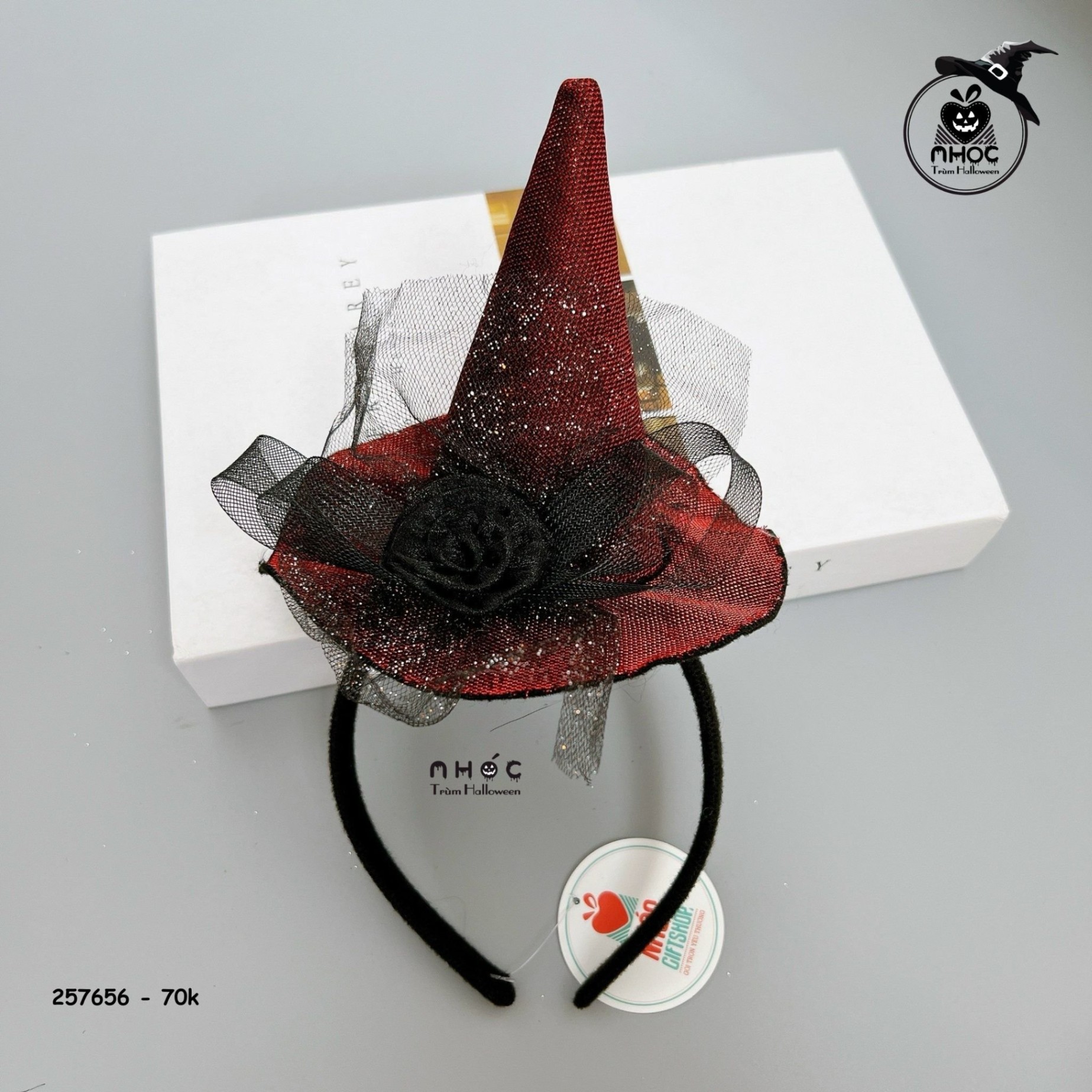 Cài tóc Halloween nón phù thuỷ lưới hoa hồng đen - Đỏ - 7001