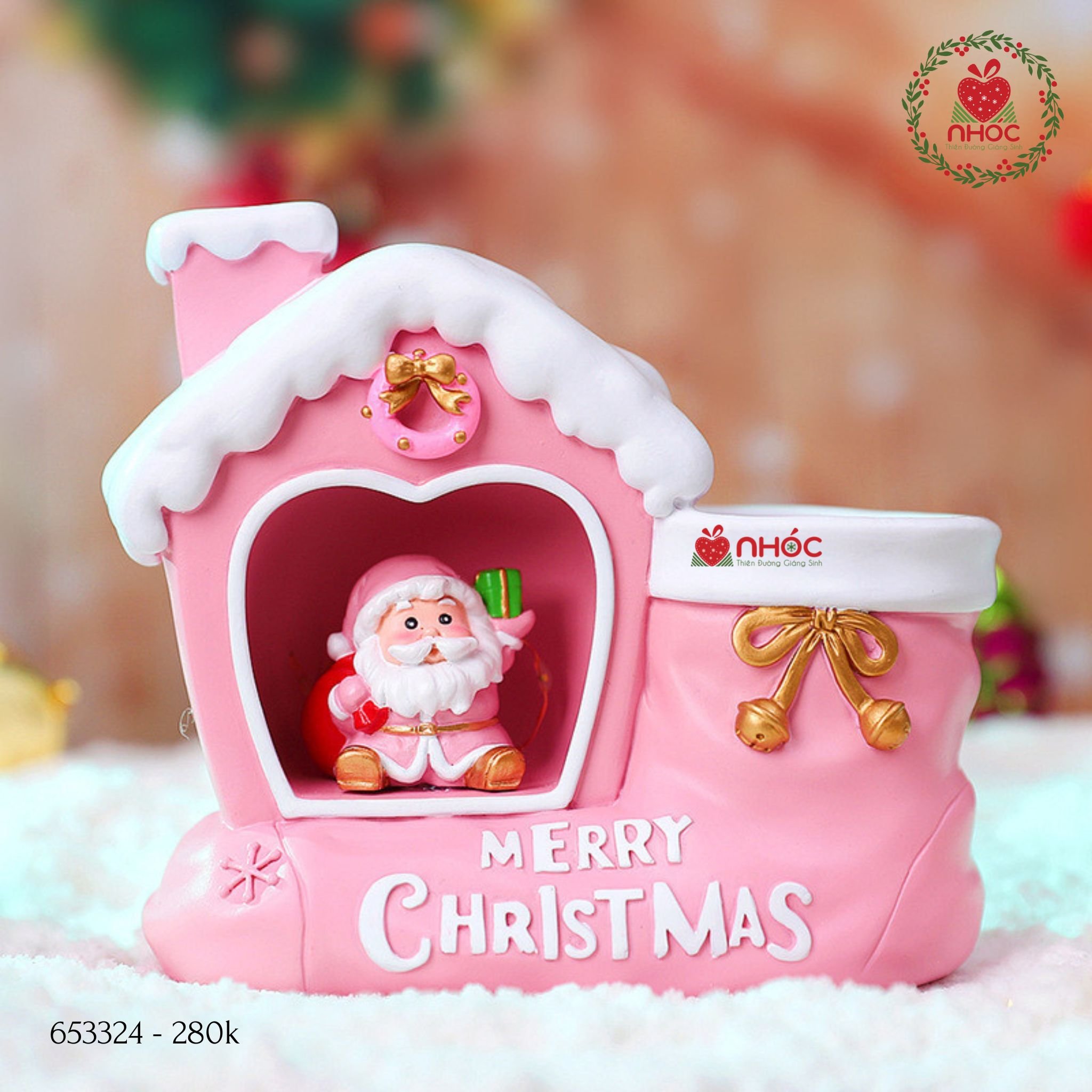 Đèn ngủ lọ cắm bút Noel ngôi nhà ông già - Hồng - 28001