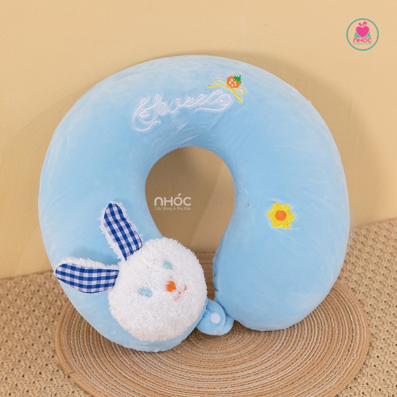 Gối kê cổ cao su non đính mặt thỏ - Xanh dương - 18001