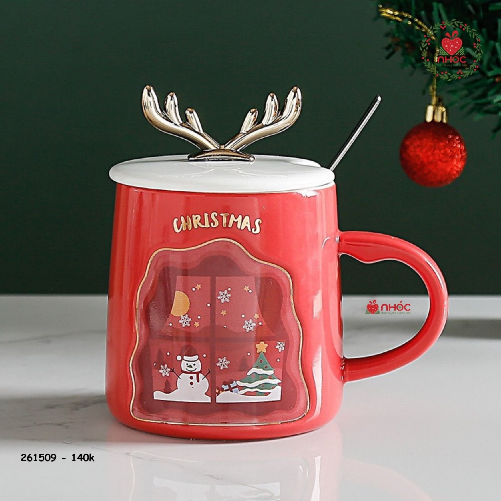 Ly sứ Noel nắp tuần lộc - Người tuyết - Đỏ - 14001