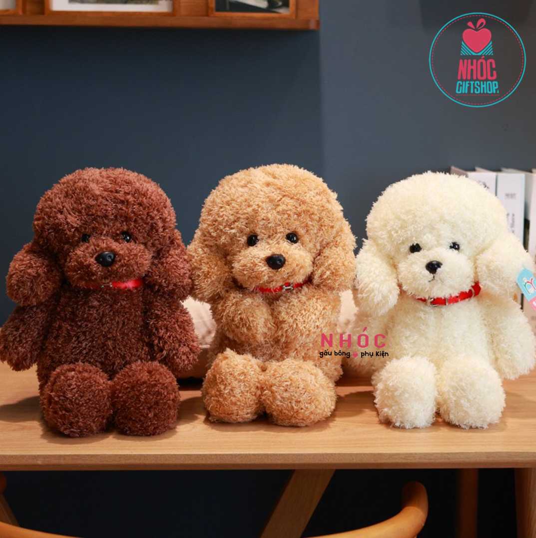 Thú bông chó Poodle đeo chuông lông xù đứng